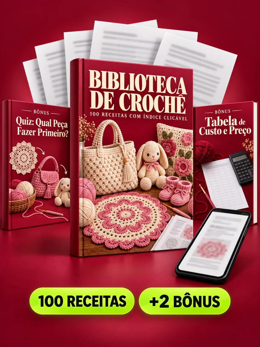 Montagem ilustrativa do Biblioteca de Crochê: livro com a capa, páginas do material e celular e capas dos bônus