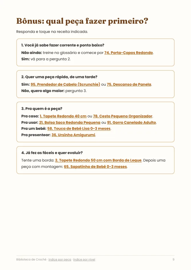 Página real do PDF Biblioteca de Crochê: quiz qual peça fazer primeiro