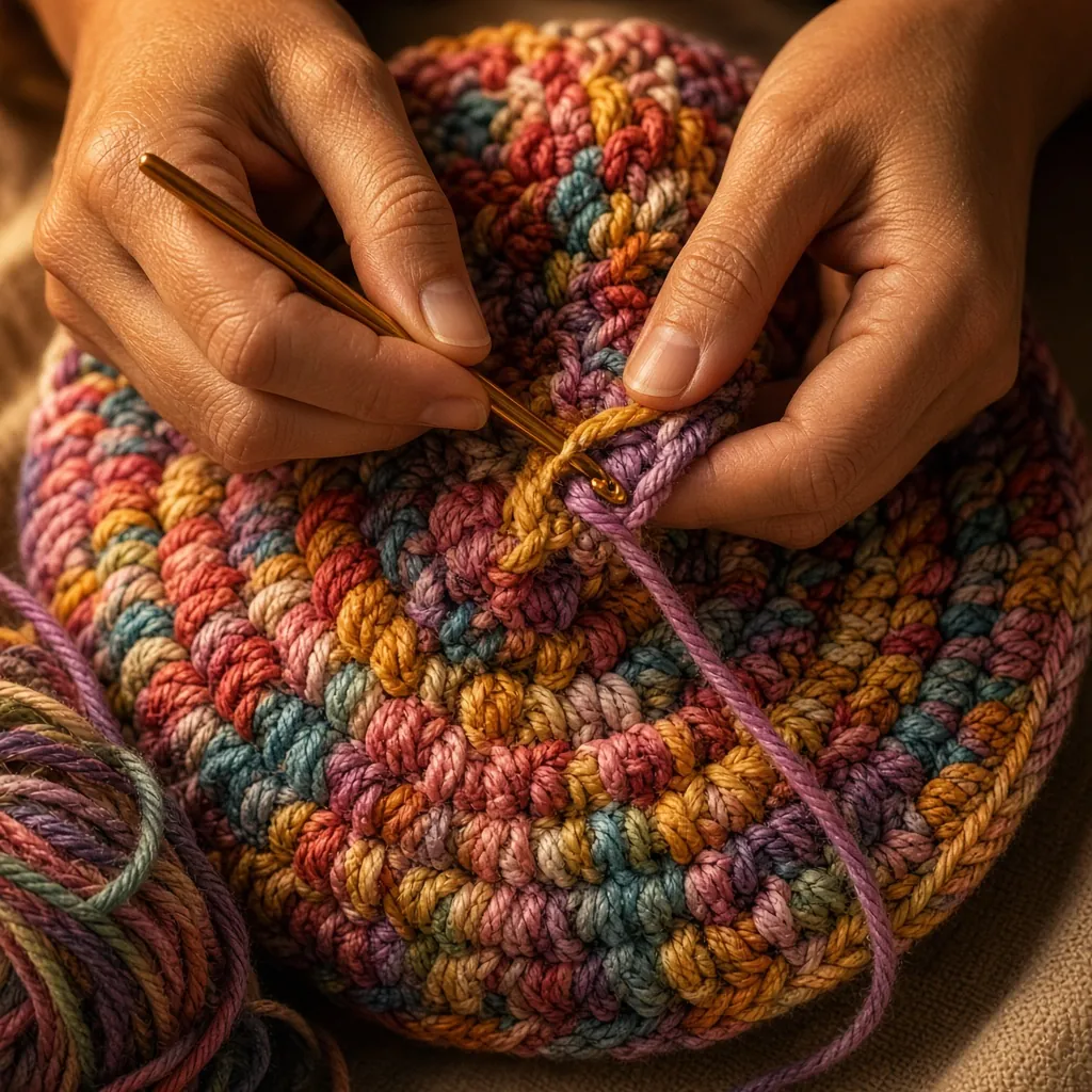 Mãos fazendo um tapete redondo de crochê colorido. Imagem ilustrativa
