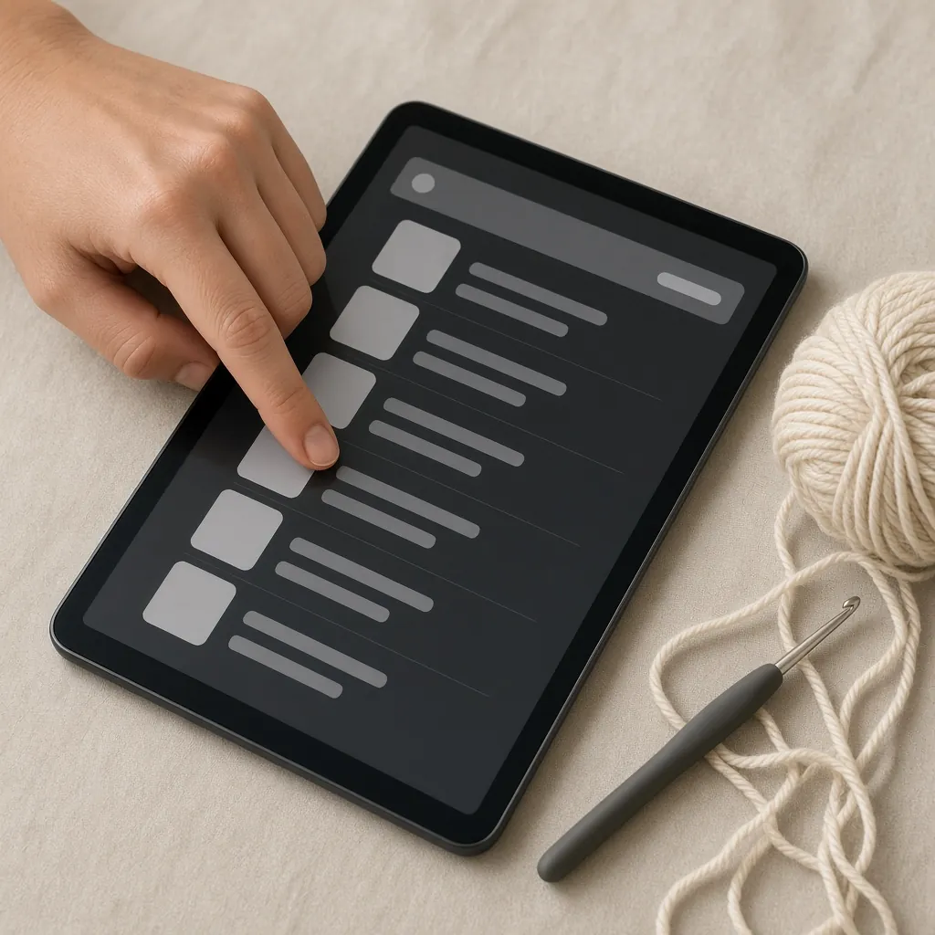 Dedo tocando a tela de um tablet com uma lista, ao lado de novelo e agulha. Imagem ilustrativa