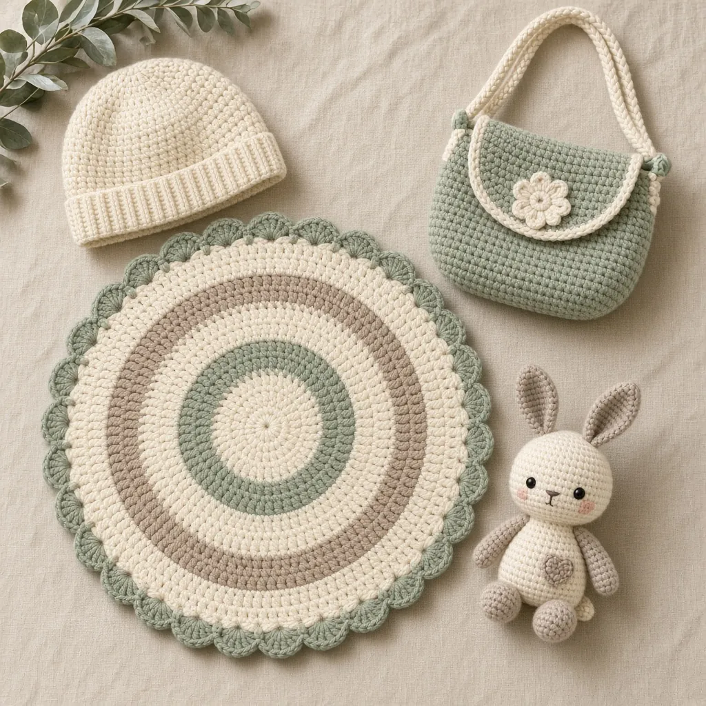 Peças de crochê prontas sobre a mesa: tapete redondo, bolsa, gorro e um coelhinho de amigurumi. Imagem ilustrativa