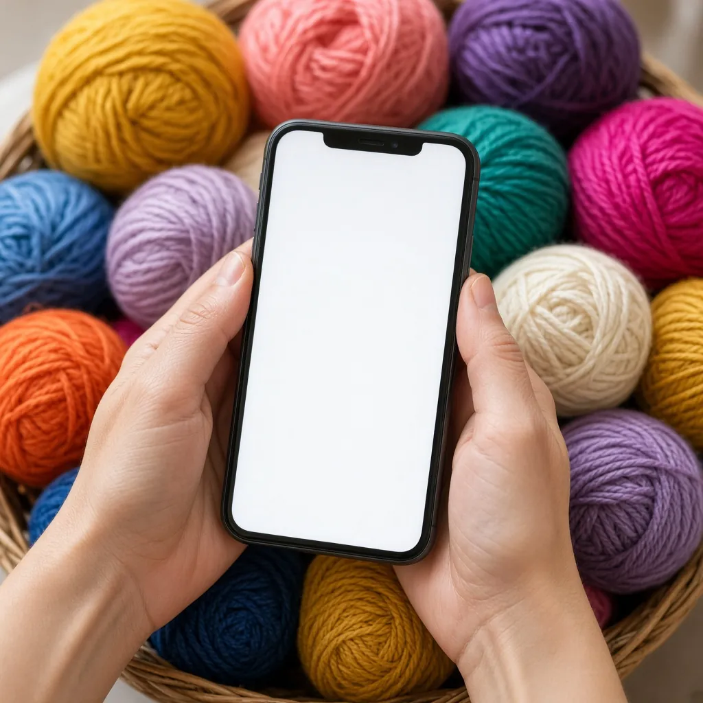 Mãos segurando um celular sobre um cesto de novelos coloridos. Imagem ilustrativa